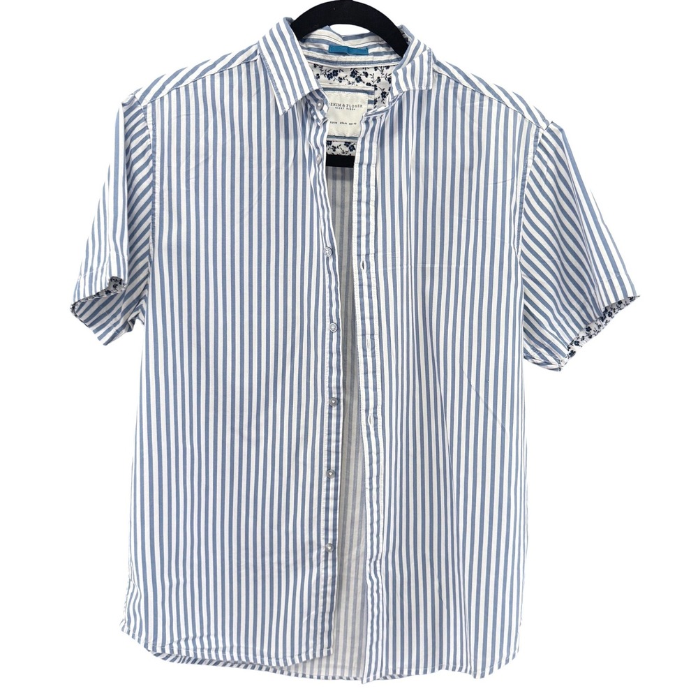 100% Cotton Denim & Flower Button Up Medium Blue Stripe Floral Trim Shirt Preppy